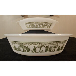 Glasbake 2 Pc Set - Green Greek Design Divided Casserole Dish J2352 & 1 Qt J235